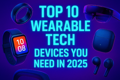 Vibrant thumbnail showing “Top 10 Wearable Tech Devices You Need in 2025” in glowing cyan text, surrounded by smart ring, AR glasses, smartwatch, and wireless earbuds on a deep purple gradient background.