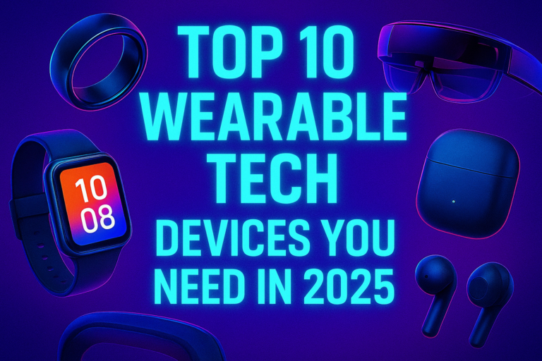 Vibrant thumbnail showing “Top 10 Wearable Tech Devices You Need in 2025” in glowing cyan text, surrounded by smart ring, AR glasses, smartwatch, and wireless earbuds on a deep purple gradient background.