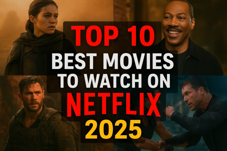 Collage of four popular Netflix movie scenes featuring top actors, with bold text reading “Top 10 Best Movies to Watch on Netflix 2025.”