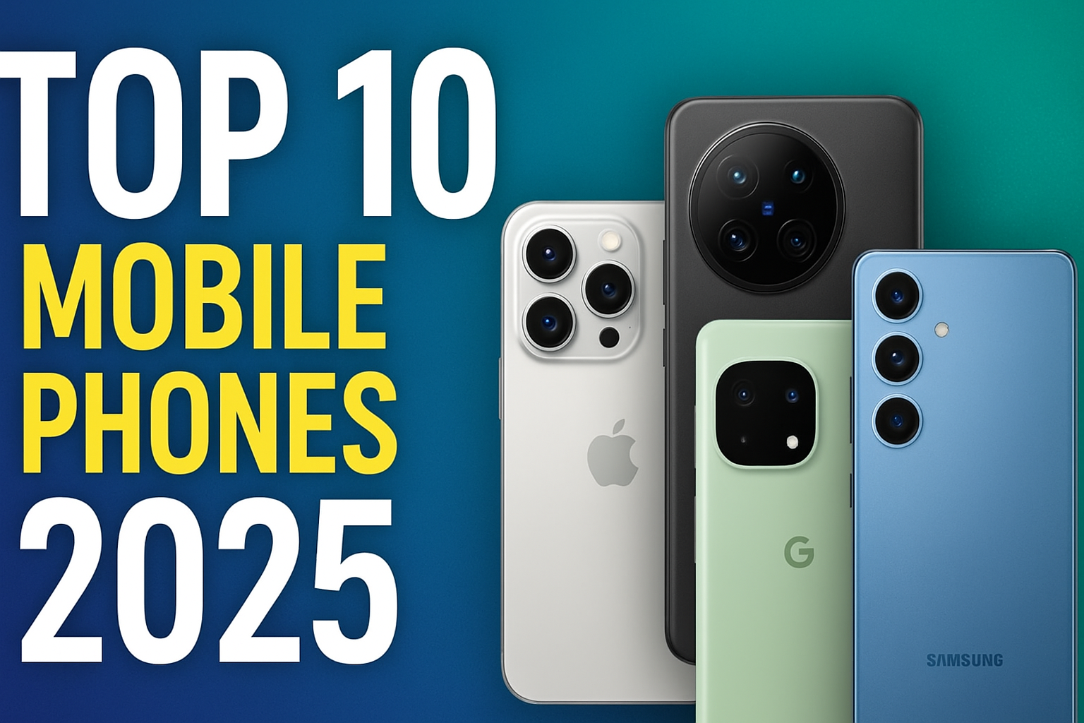 Four upcoming smartphones of 2025, including iPhone, Google Pixel, Vivo, and Samsung Galaxy, arranged against a modern gradient background with bold title text “Top 10 Mobile Phones 2025.”