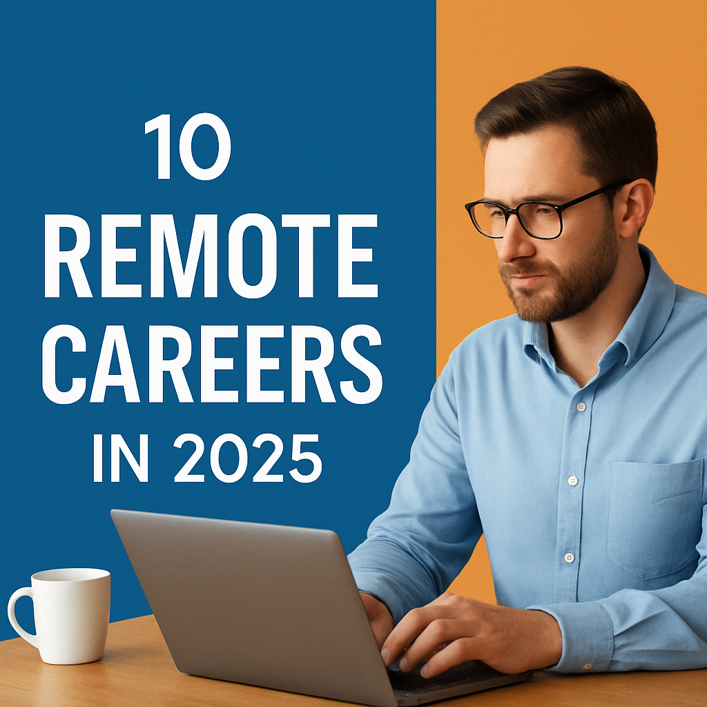10 Remote Careers in 2025 thumbnail – remote worker on laptop with coffee mug