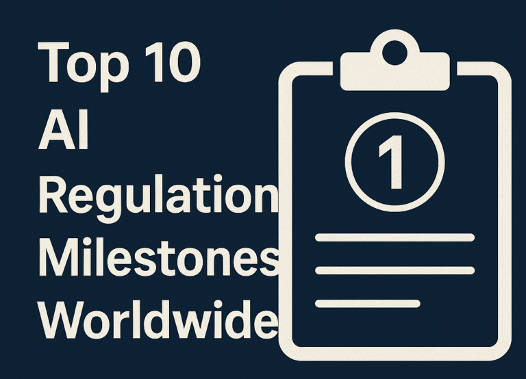 Top 10 AI Regulation Milestones Worldwide – blog thumbnail with small text and clipboard icon.