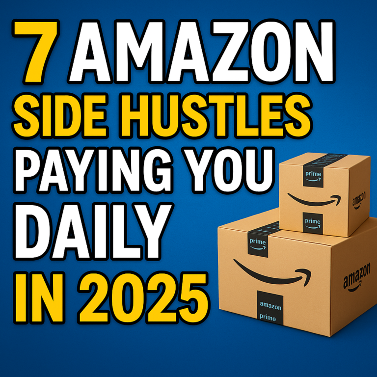 "Thumbnail showing text '7 Amazon Side Hustles Paying You Daily in 2025' with Amazon boxes on a blue background."