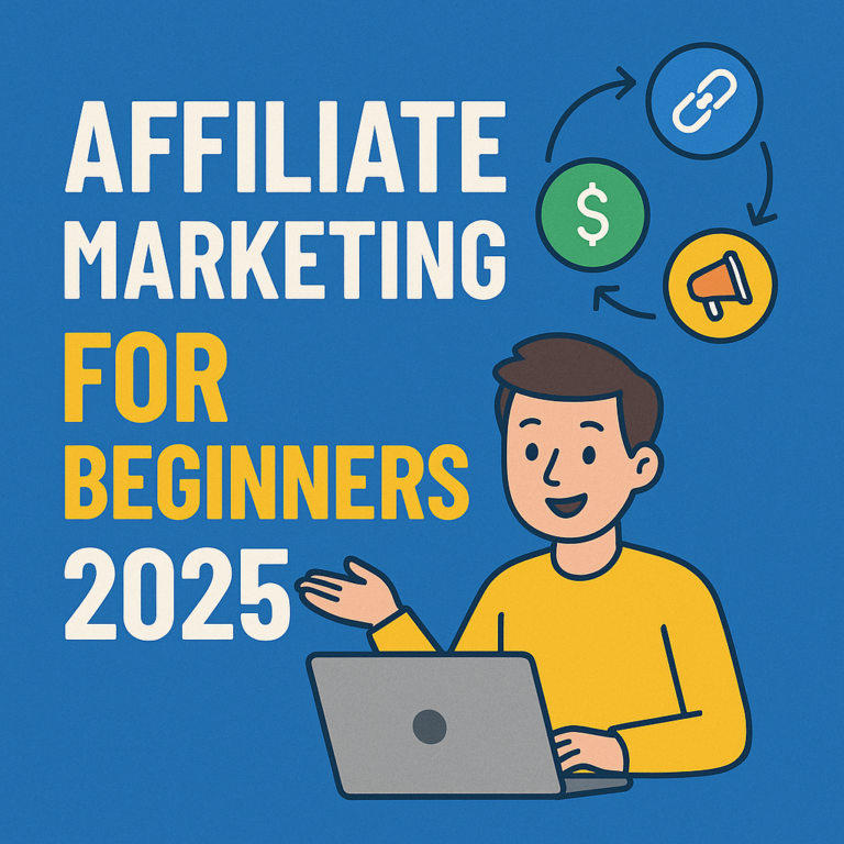 Cartoon-style illustration with the title "Affiliate Marketing for Beginners 2025," showing a smiling young man at a laptop and icons representing link sharing, money, and promotion.