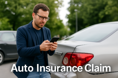A man in his 30s stands beside a damaged silver car, using his smartphone to file an auto insurance claim.