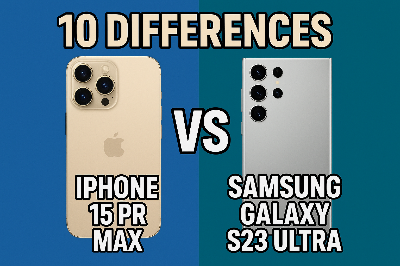 "Rectangular thumbnail comparing iPhone 15 Pro Max and Samsung Galaxy S23 Ultra with bold text showing 10 differences side-by-side."