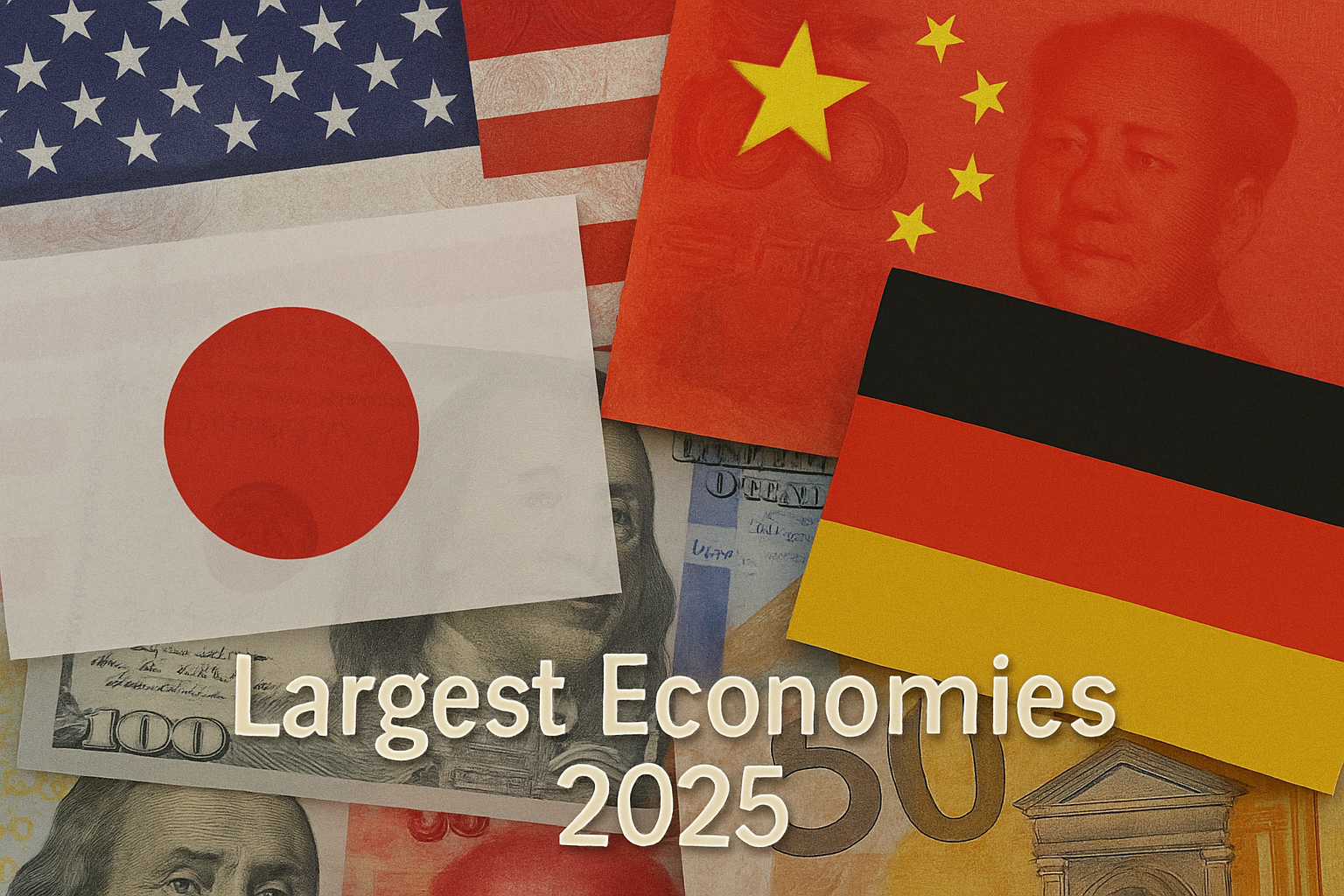 Rectangular infographic showing flags and currency notes of the top 10 largest economies in the world for 2025, with small, eye-catching text.