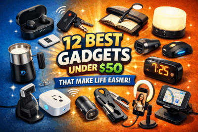 Collection of affordable tech gadgets under $50 including wireless earbuds, smart plugs, mini tools, and desk accessories on a colorful background with text “12 Best Gadgets Under $50 That Make Life Easier”.
