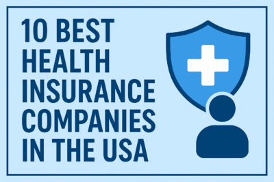 "Thumbnail with title 10 Best Health Insurance Companies in the USA, blue shield with medical cross and human icon"