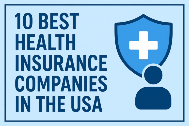 "Thumbnail with title 10 Best Health Insurance Companies in the USA, blue shield with medical cross and human icon"