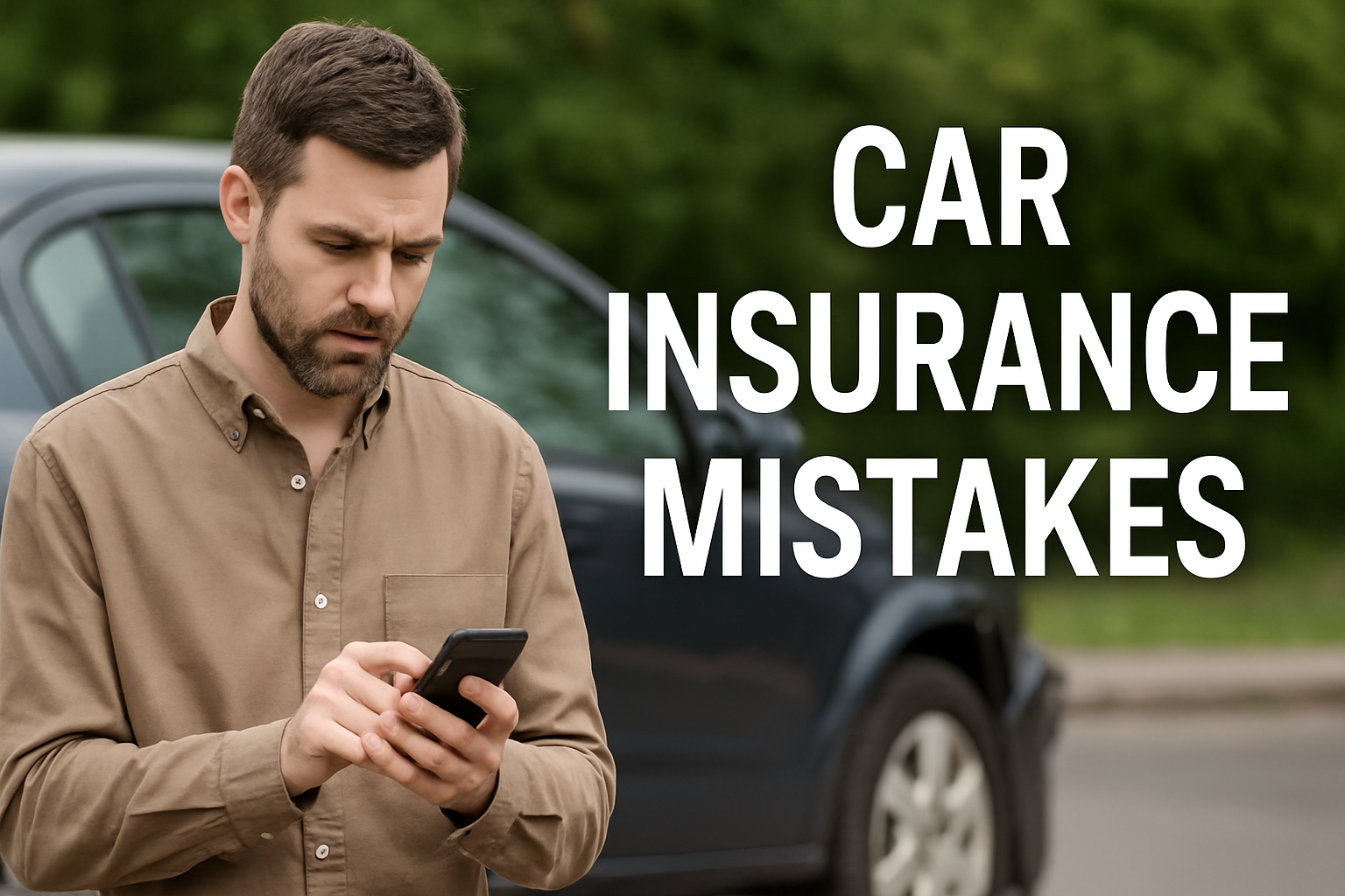 A worried man reviewing car insurance papers after an accident with a damaged car in the background.