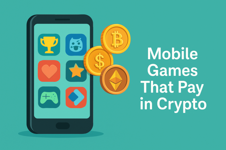 Mobile games that pay in crypto – smartphone with game icons and cryptocurrency coins