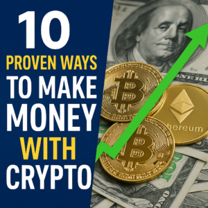 0 proven ways to make money with cryptocurrency – thumbnail with Bitcoin, Ethereum, dollar bills, and upward arrow.”
