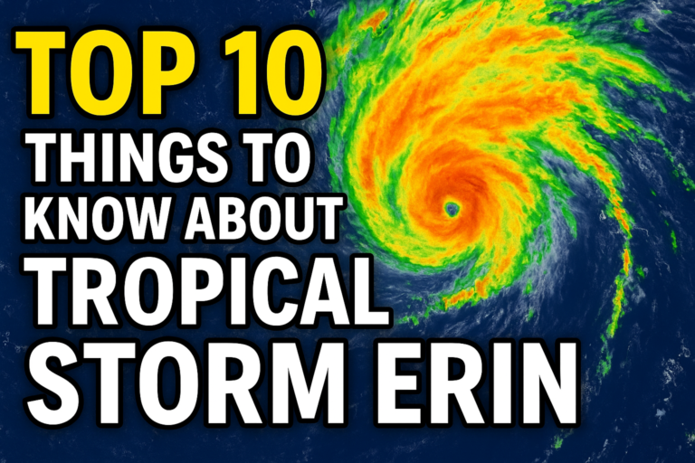Satellite view of Tropical Storm Erin with bold text overlay reading "Top 10 Things to Know."